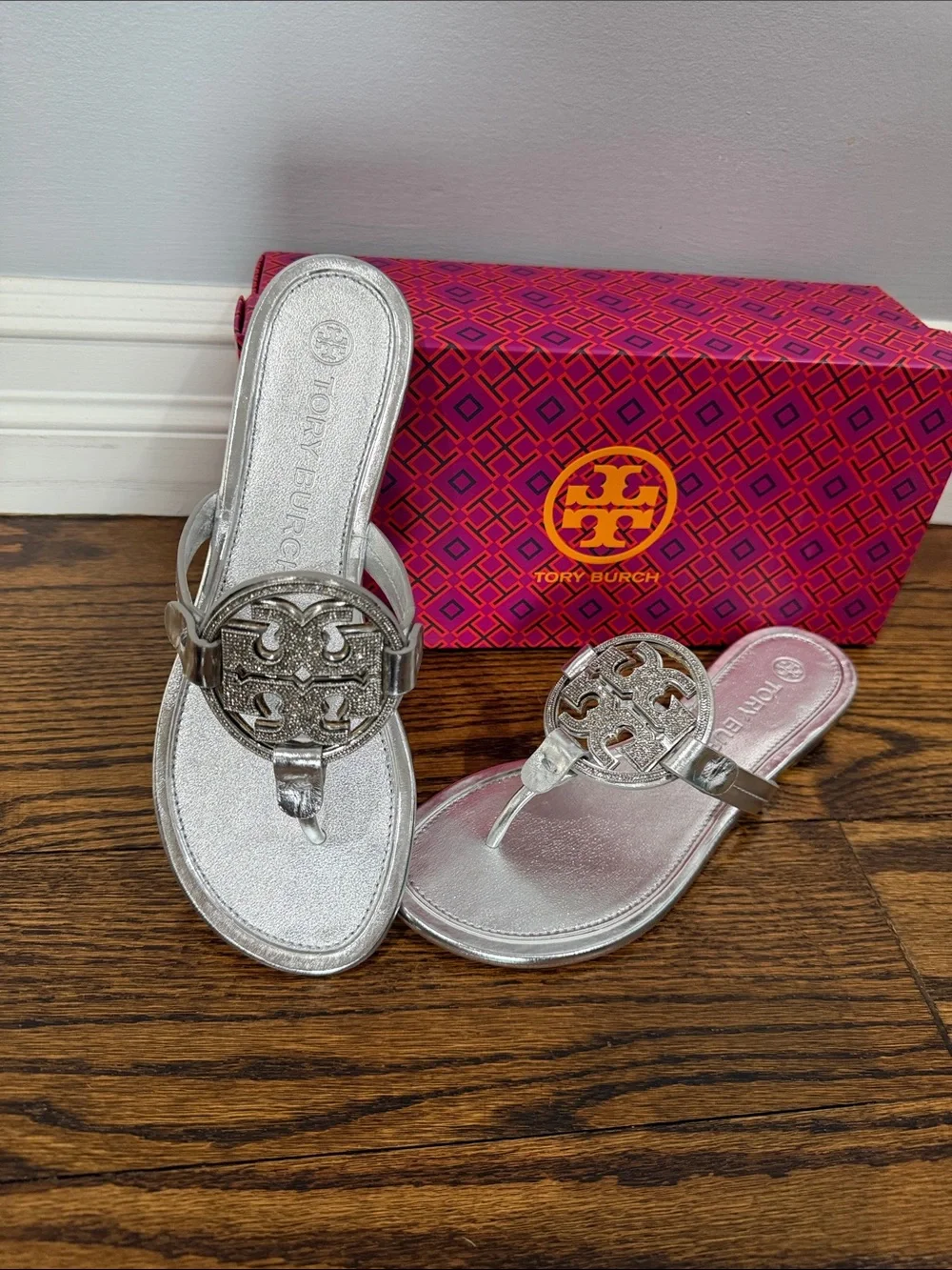 Tory Burch Metallic Silver Miller Logo Thong Sandals